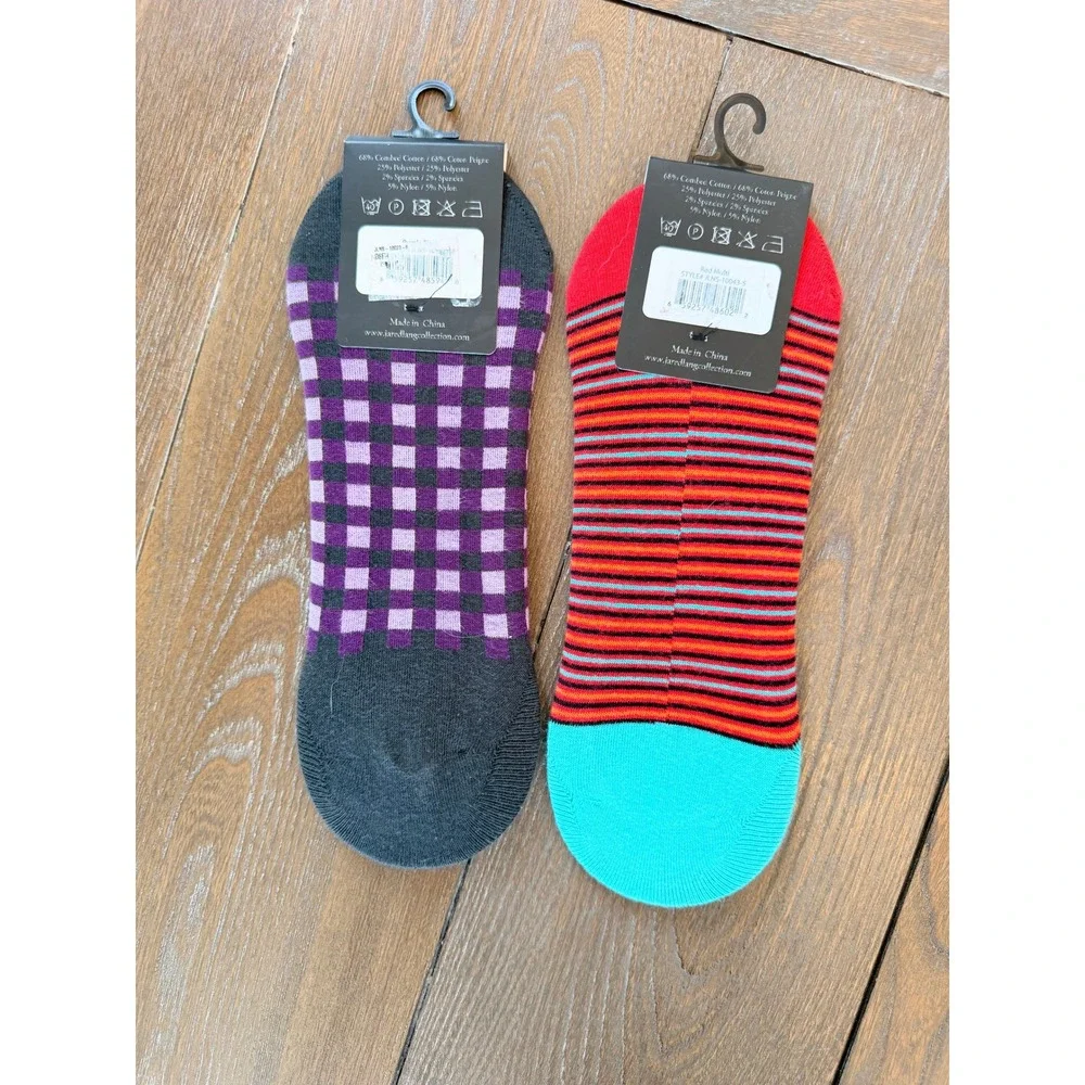 Jared Lang No Show Socks Mens Multicolor Gingham Striped 2‎ Pair Pack OS
